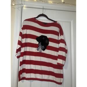 Bua Bua Top Womens Size XL Red White Striped Dog Graphic 3/4 Sleeve Cotton